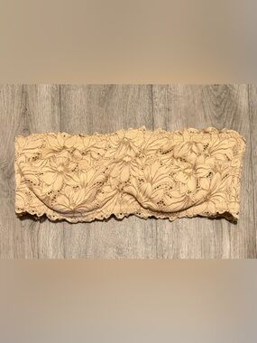 Aerie Size 36D Real Good Lace Floral Bandeau Underwire Lace Strapless Bra Tan